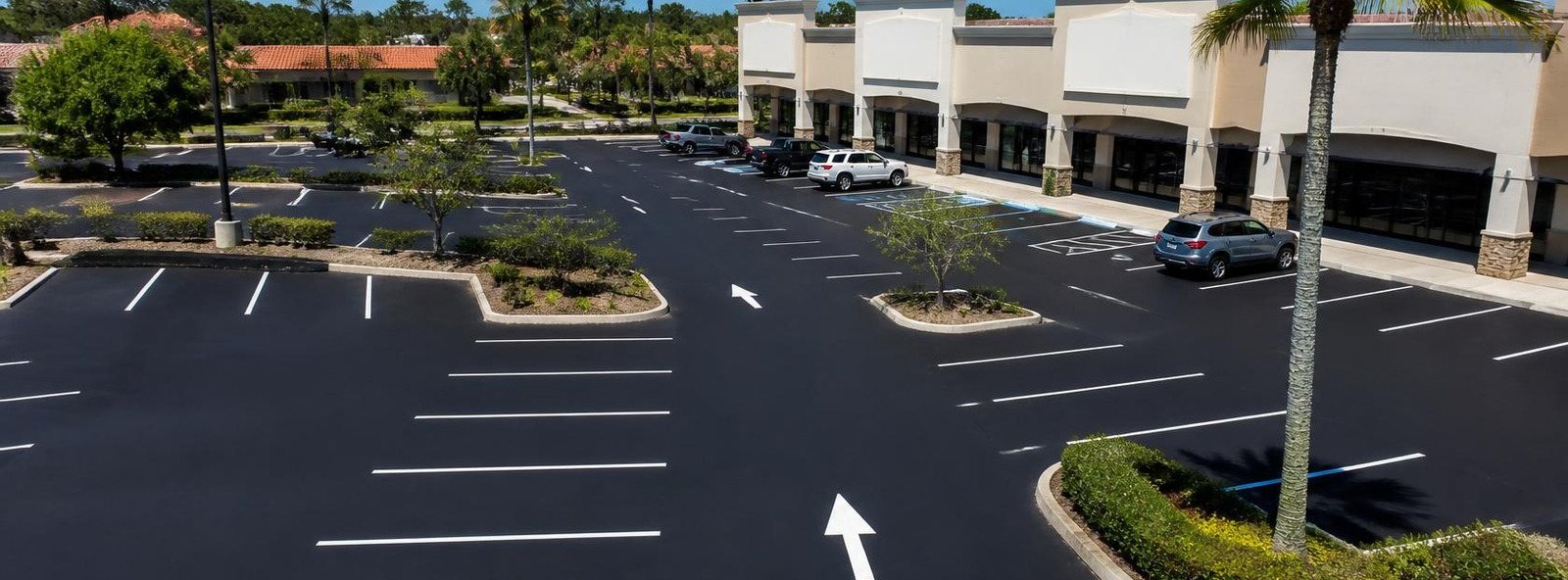 Newly sealed and striped asphalt parking lot with landscaped islands at a palm-lined Central Florida plaza