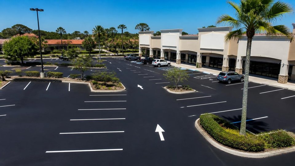Freshly sealed and striped asphalt parking lot at a palm-lined retail plaza